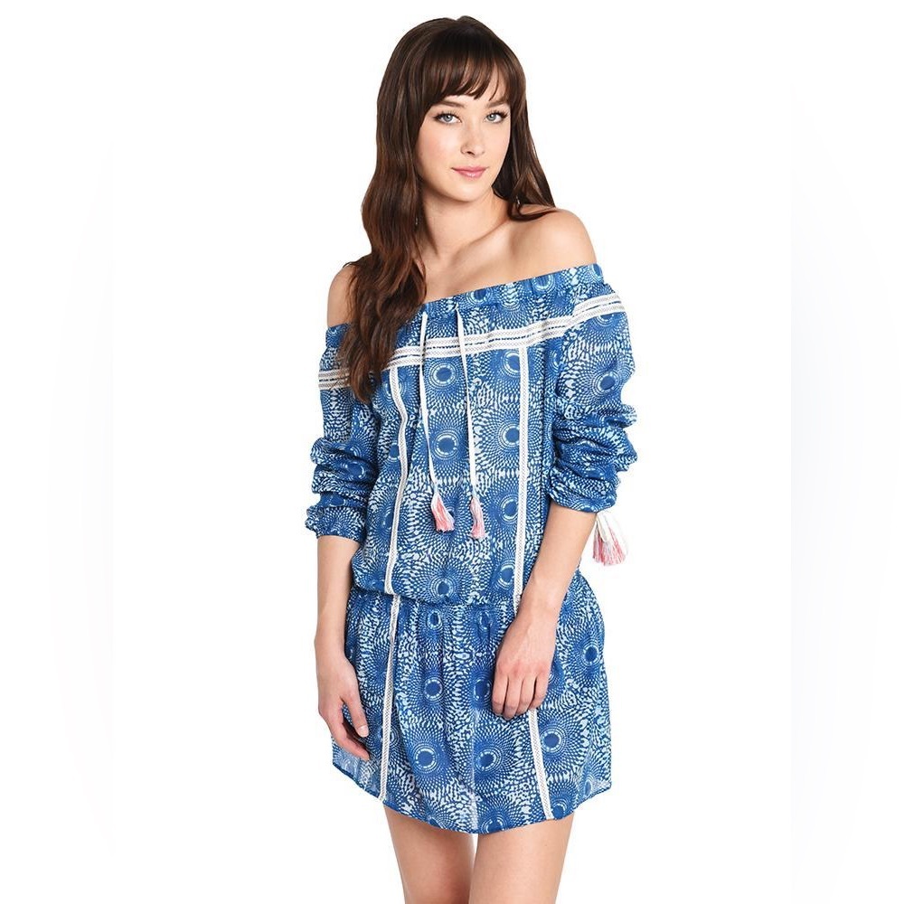 Lemlem Kenyan Handmade Makena Blue Off-the-Shoulder Mini Dress Size Medium